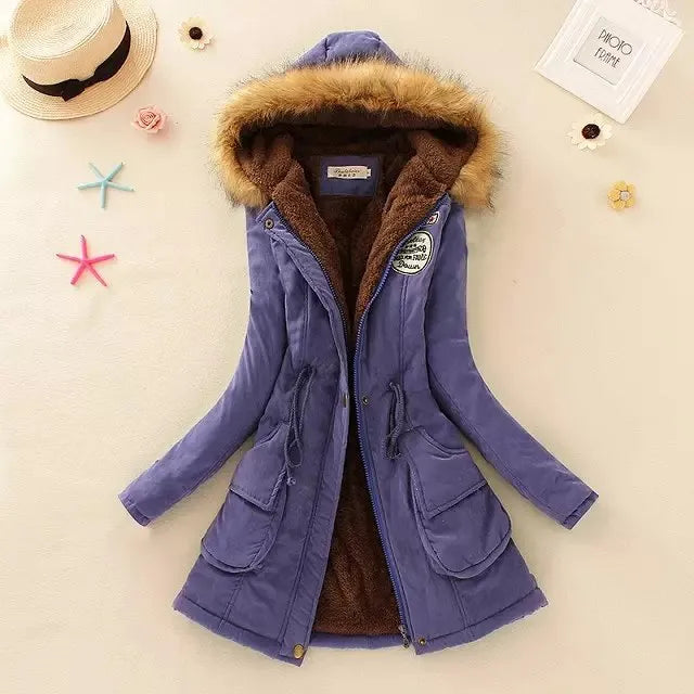 Autumn Winter Women Cotton Jacket Padded Casual Slim Coat Emboridery Hooded Parkas Wadded Warm Overcoat Fashion Parkas Royal Blue