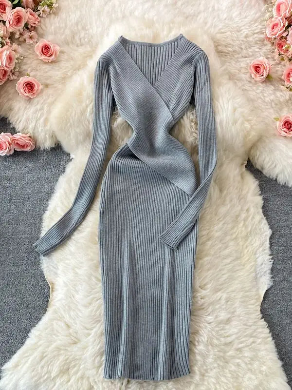 Autumn Winter Women Dress Elegant Cross V-neck Slim Waist Knitted Bodycon Dress Korean Office Lady Vestidos GRAY One Size