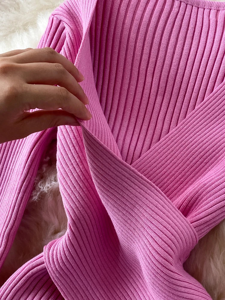 Autumn Winter Women Dress Elegant Cross V-neck Slim Waist Knitted Bodycon Dress Korean Office Lady Vestidos