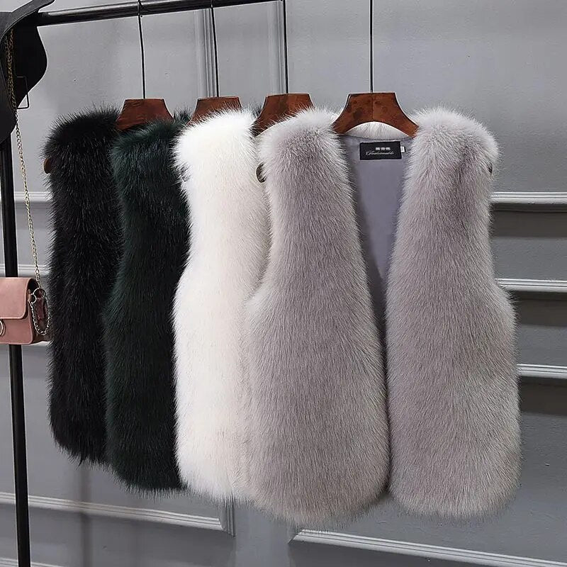 Autumn Winter Women Faux Fox Fur Vests Coats Sleeveless Fur Jackets