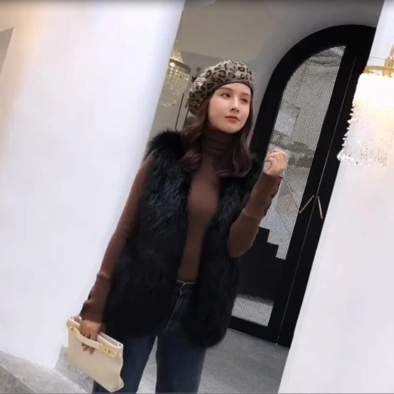 Autumn Winter Women Faux Fox Fur Vests Coats Sleeveless Fur Jackets