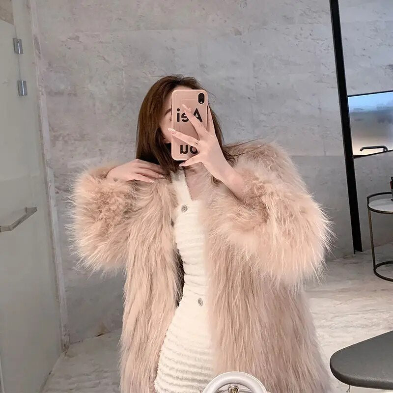 Autumn Winter Women Faux Fur Long Sleeve Coats Mid-length Knitted Fur Jackets Fashion Streetwear for Girls