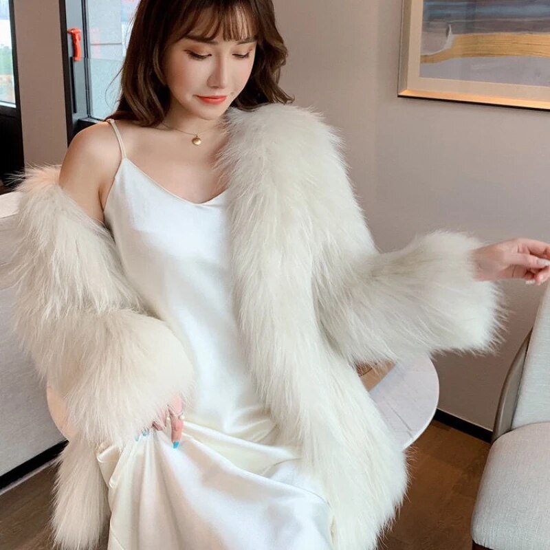 Autumn Winter Women Faux Fur Long Sleeve Coats Mid-length Knitted Fur Jackets Fashion Streetwear for Girls