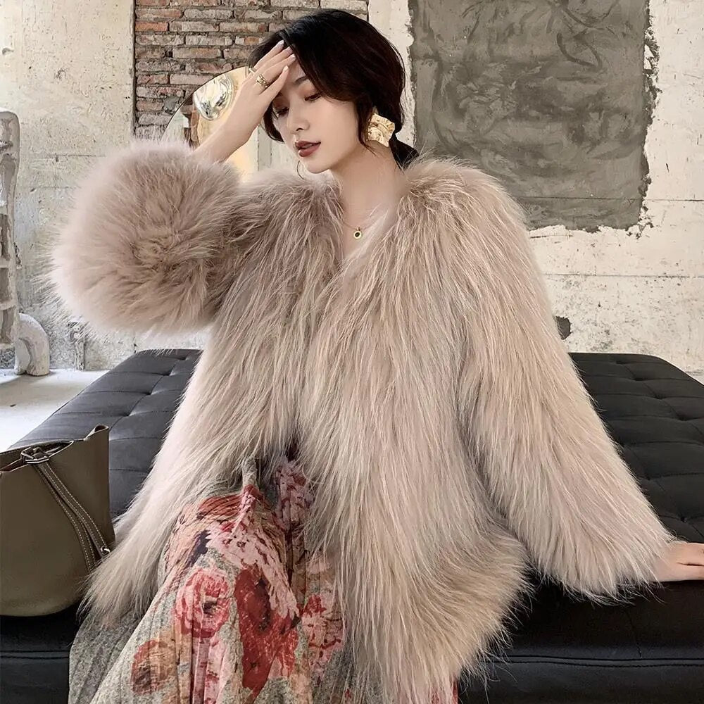 Autumn Winter Women Faux Fur Long Sleeve Coats Mid-length Knitted Fur Jackets Fashion Streetwear for Girls Gray