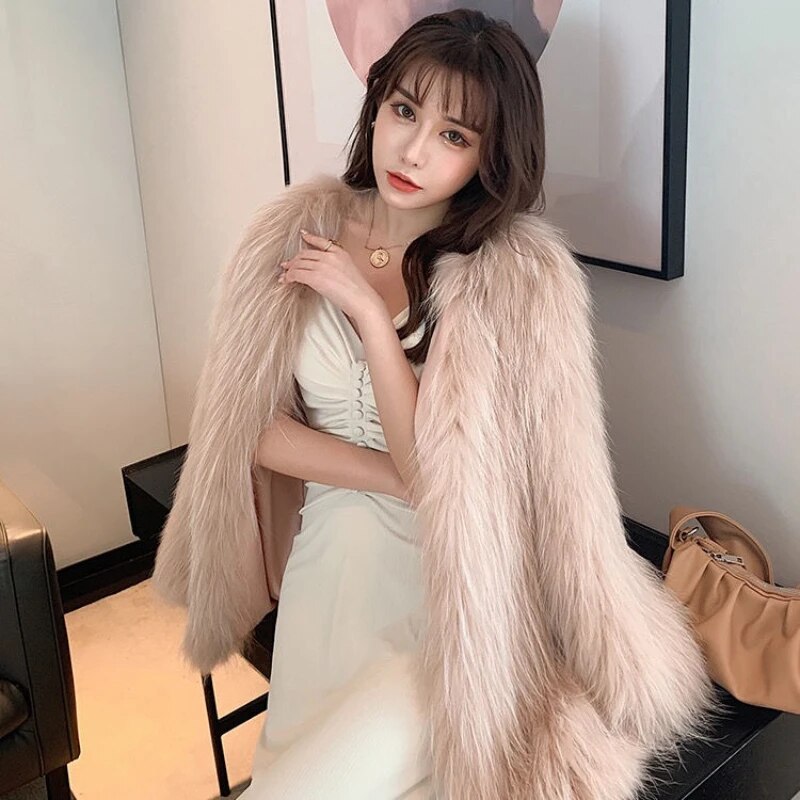 Autumn Winter Women Faux Fur Long Sleeve Coats Mid-length Knitted Fur Jackets Fashion Streetwear for Girls