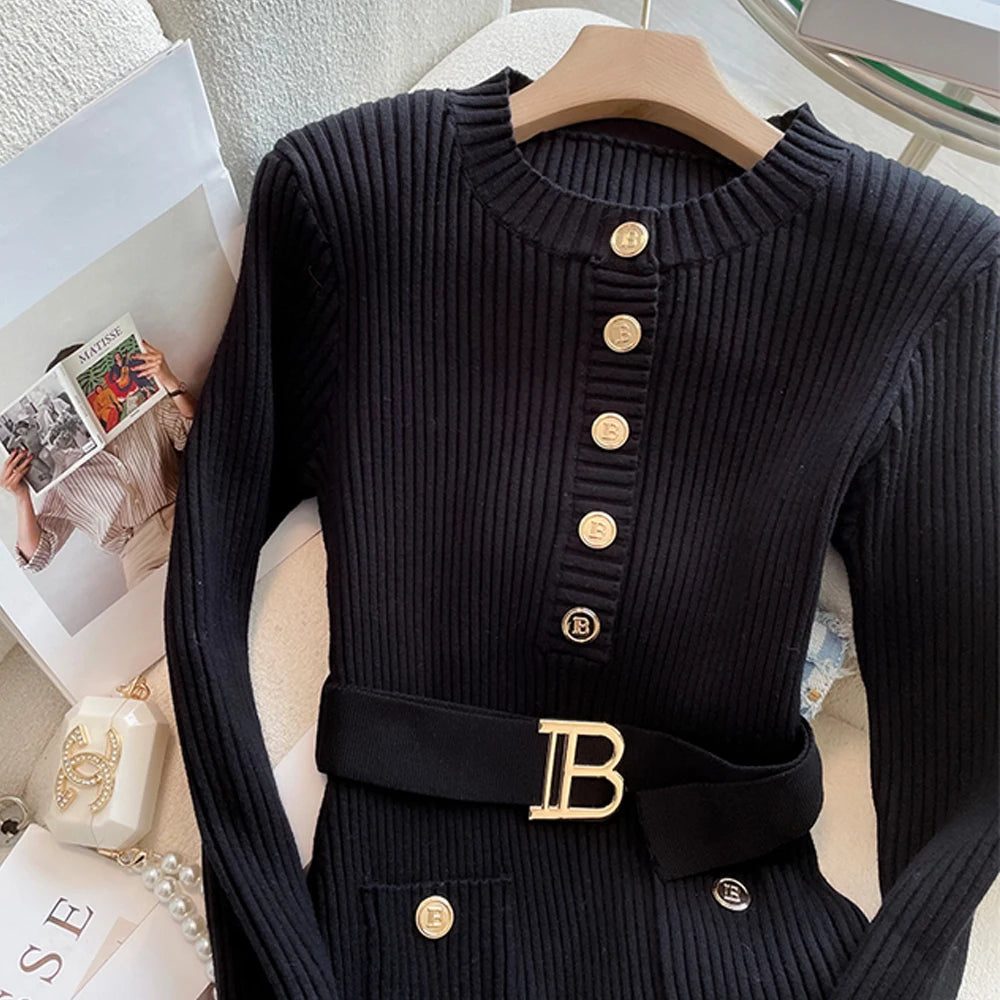 Autumn Winter Women Knitted Dress Brand Fashion O-neck Buttons Bodycon Sweater Dress with Belt Lady Office Dress