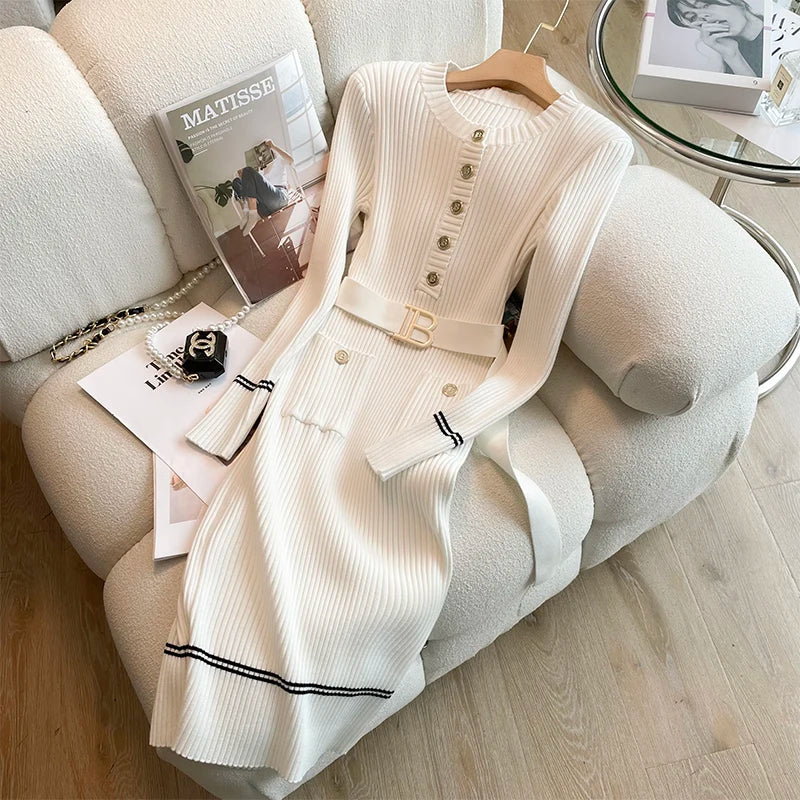 Autumn Winter Women Knitted Dress Brand Fashion O-neck Buttons Bodycon Sweater Dress with Belt Lady Office Dress WHITE One Size