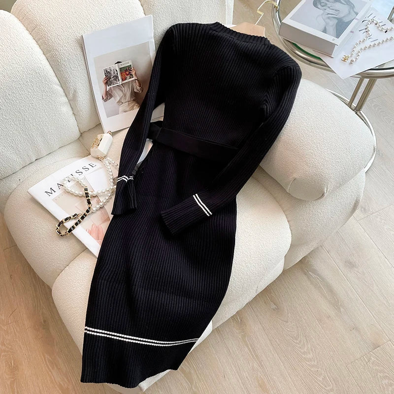 Autumn Winter Women Knitted Dress Brand Fashion O-neck Buttons Bodycon Sweater Dress with Belt Lady Office Dress