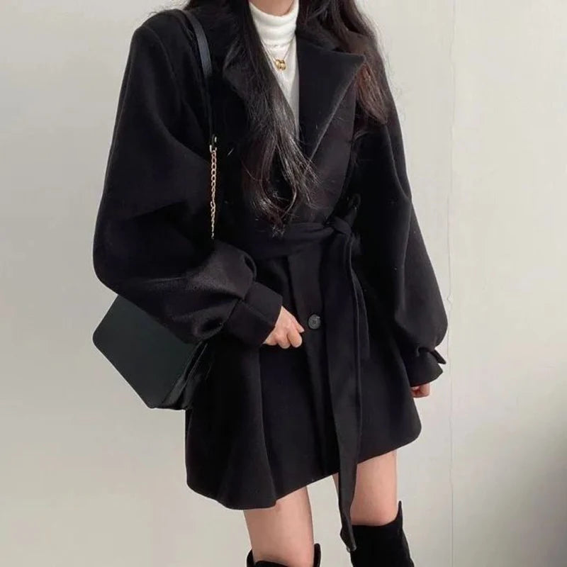 Autumn Winter Women Lace-up Trench Coat With Pockets Woolen Turn-down Collar Buttons Women Long Sleeve Coat Overcoat BLACK