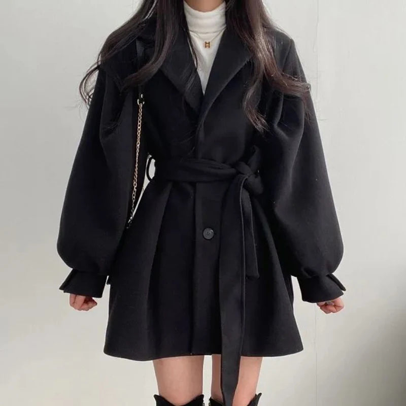 Autumn Winter Women Lace-up Trench Coat With Pockets Woolen Turn-down Collar Buttons Women Long Sleeve Coat Overcoat