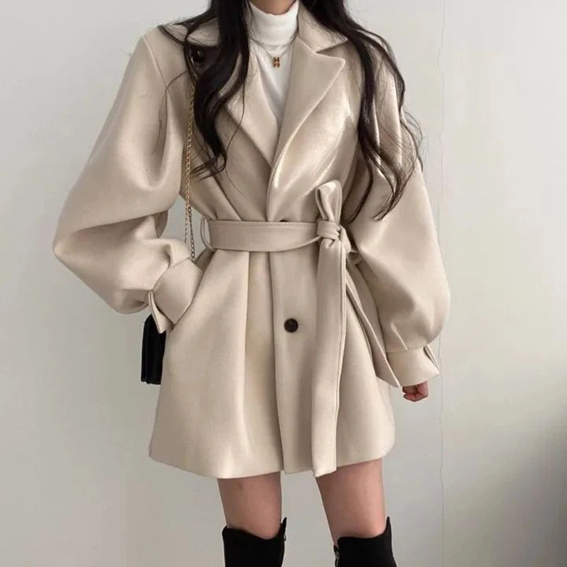 Autumn Winter Women Lace-up Trench Coat With Pockets Woolen Turn-down Collar Buttons Women Long Sleeve Coat Overcoat APRICOT