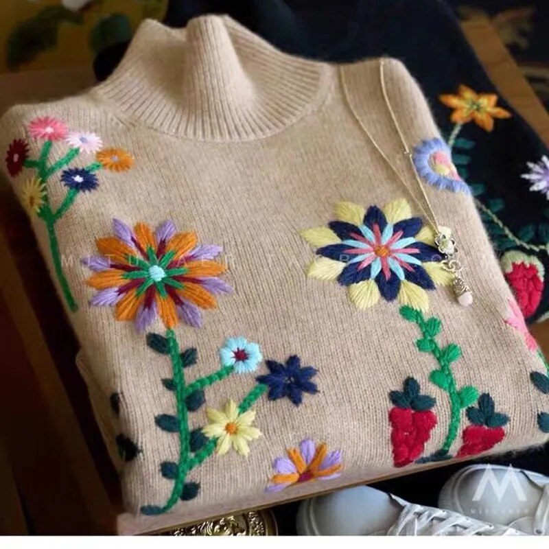 Autumn Winter Women Loose Fit Casual Turtleneck Long Sleeve Pullover Floral Embroidery Knitted Sweater