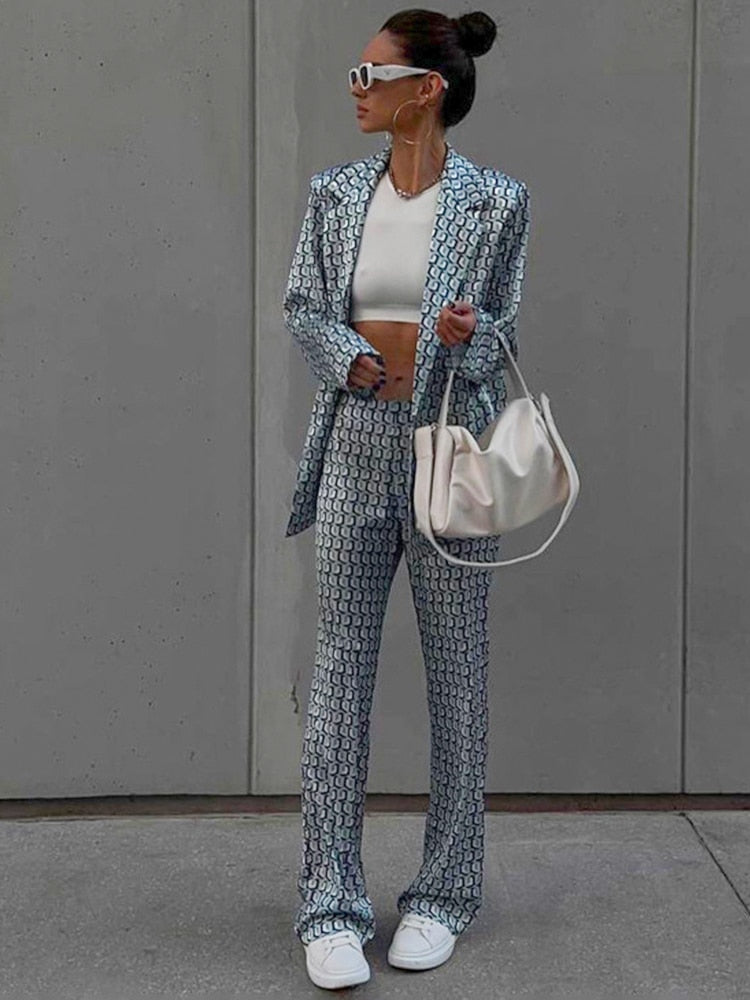 Autumn Winter Women Office Satin Suit Sets Printed V-neck Long Sleeve 2 Piece Pant Matching Set