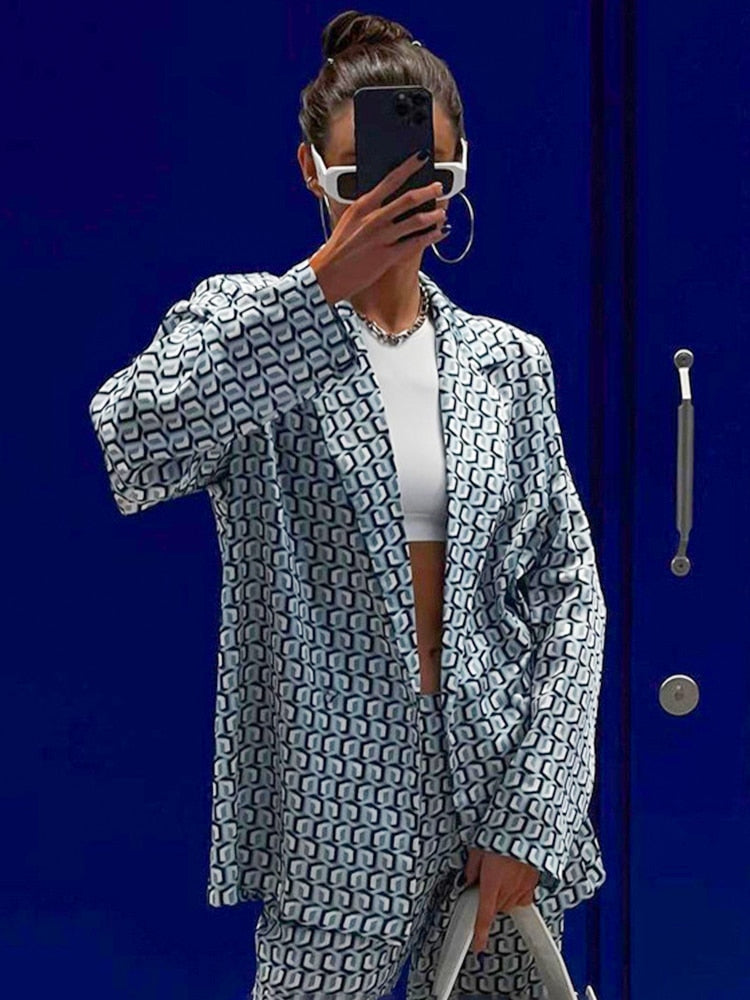 Autumn Winter Women Office Satin Suit Sets Printed V-neck Long Sleeve 2 Piece Pant Matching Set