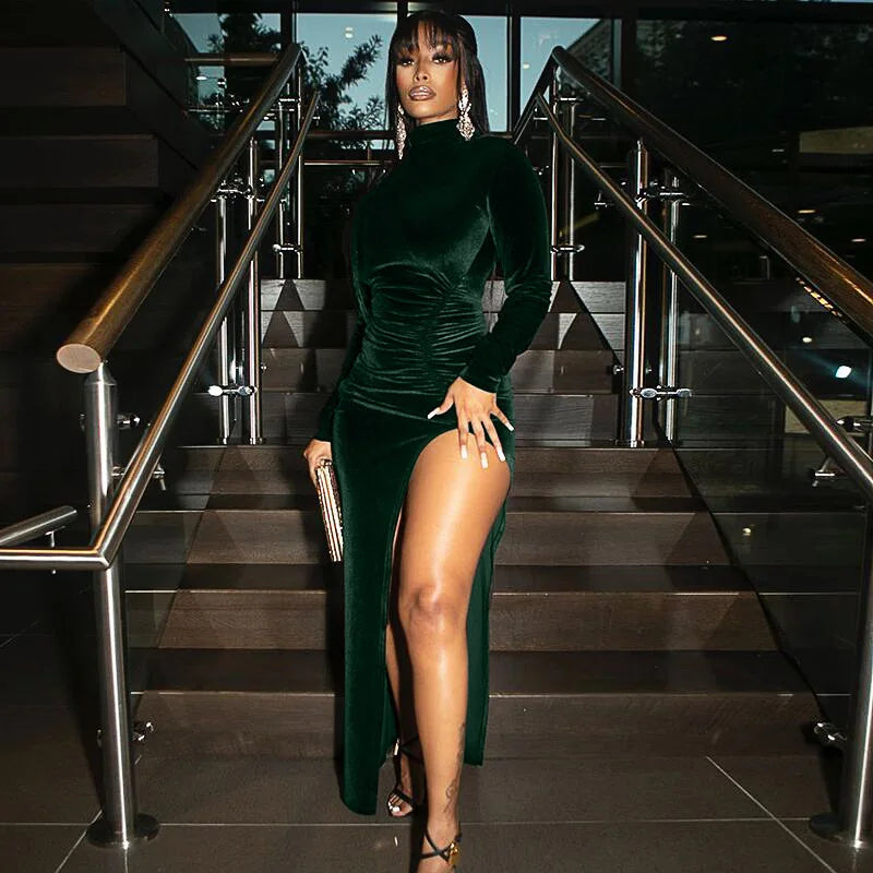 Autumn Winter Women Solid Velvet Long Sleeve Ruched Midi Dress Side Slit Bodycon Sexy Streetwear Party Elegant Club Green