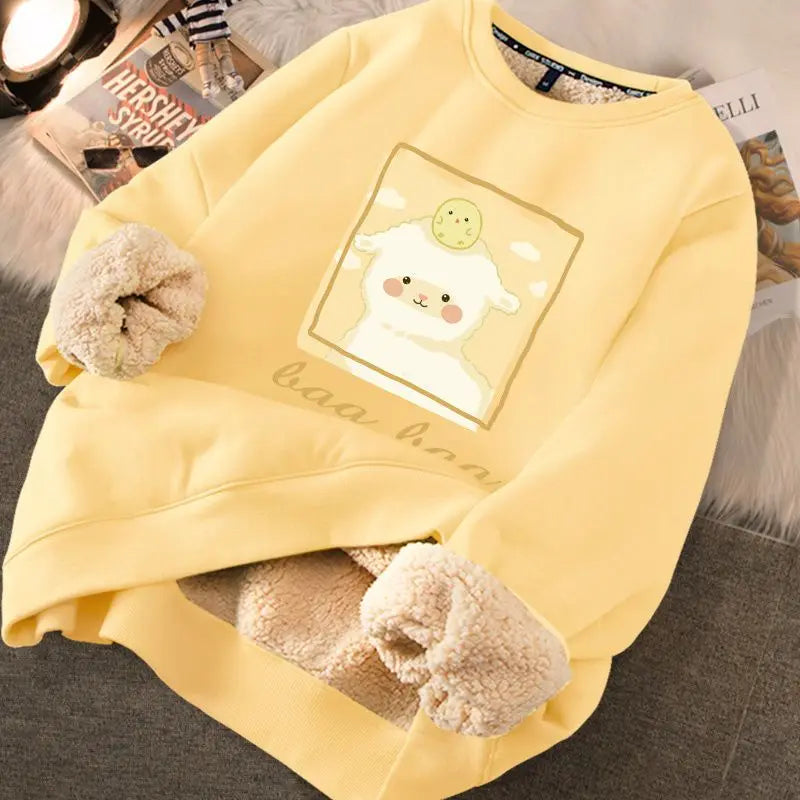 Autumn Winter Women Sweatshirts Thicken Fleece Warm Hoodies For Women Cute Printed Casual Loose Thermal Sweatshirts Yellow Sheep
