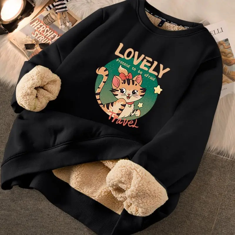 Autumn Winter Women Sweatshirts Thicken Fleece Warm Hoodies For Women Cute Printed Casual Loose Thermal Sweatshirts Tiger Black