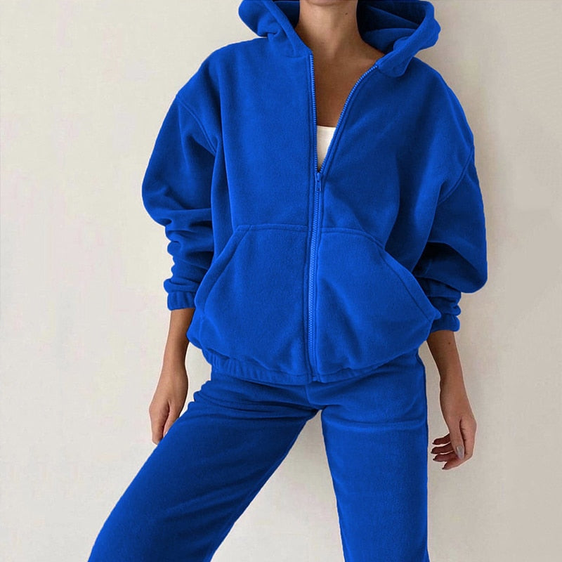 Autumn Winter Women's Brand Velvet Fabric Tracksuits Hoody Track Suit Hoodies And Pants Oversized Sportswear Two Pieces Set Blue TZ126