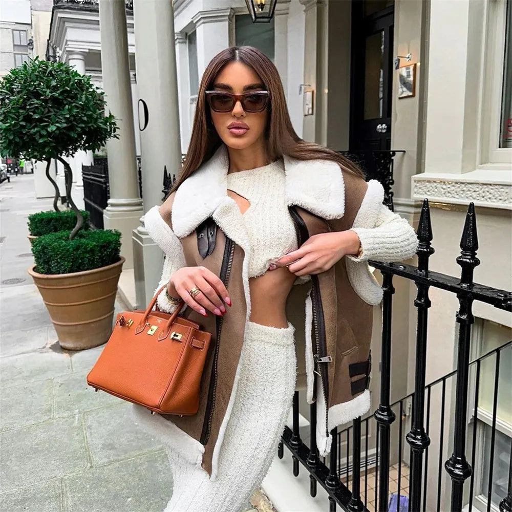 Autumn/Winter Women's Casual Polo Neck Zipper Tri Color Fleece Panel Tank Top