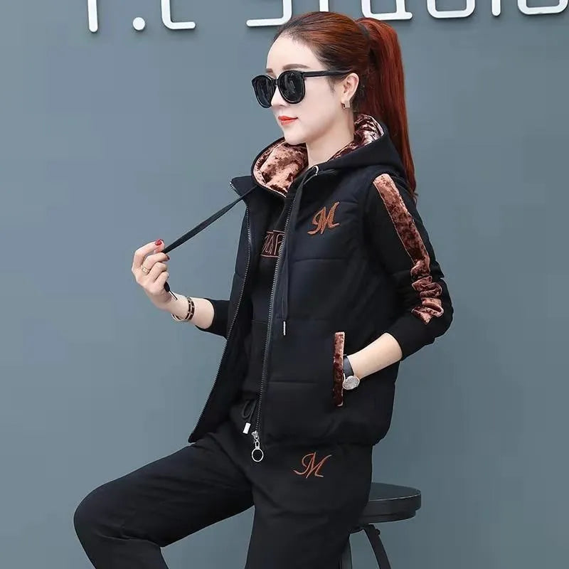 Autumn Winter Women's Casual Sweat Suit Fashion Plush Thickened Hooded Tops Waistcoat Pants 3 Three Piece Set For Women Black