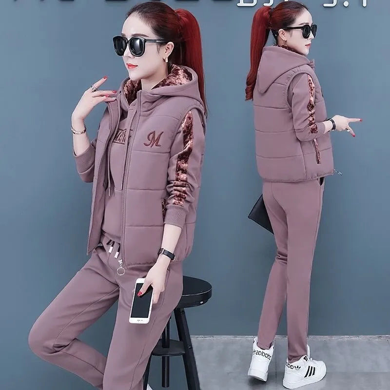 Autumn Winter Women's Casual Sweat Suit Fashion Plush Thickened Hooded Tops Waistcoat Pants 3 Three Piece Set For Women Brown