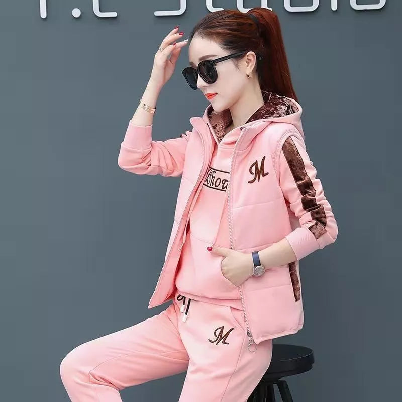 Autumn Winter Women's Casual Sweat Suit Fashion Plush Thickened Hooded Tops Waistcoat Pants 3 Three Piece Set For Women Pink