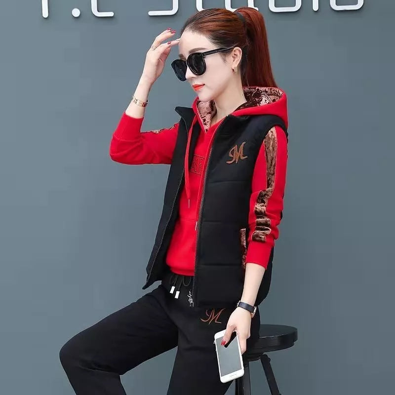Autumn Winter Women's Casual Sweat Suit Fashion Plush Thickened Hooded Tops Waistcoat Pants 3 Three Piece Set For Women Red Black
