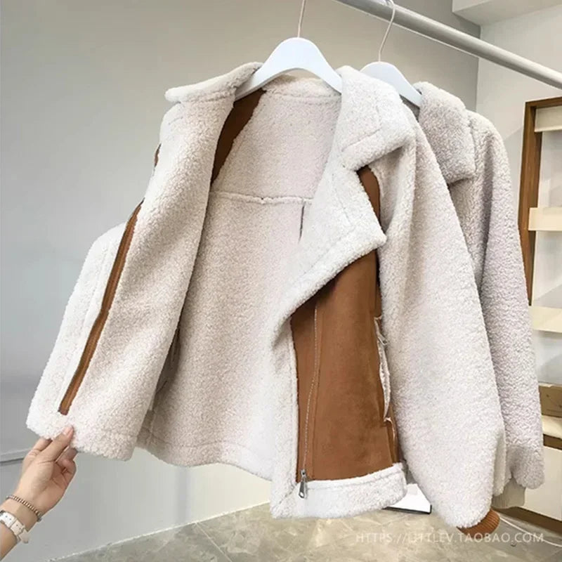 Autumn Winter Women's Coats 2023 New Casual Loose Patchwork Outerwear Korean Vintage Crop Pockets Lambhair Jacket Women