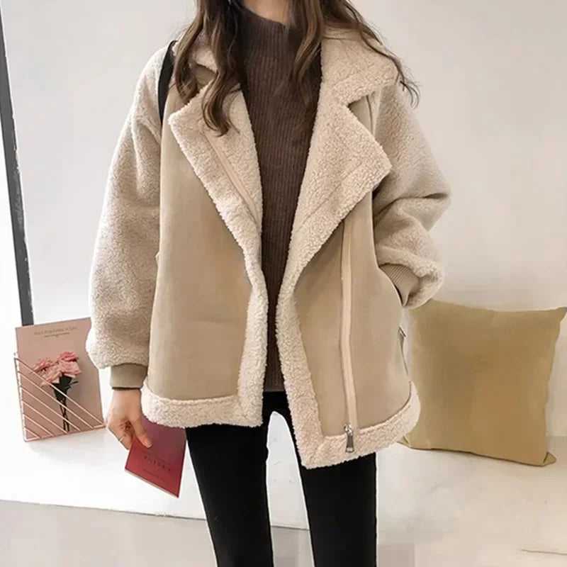 Autumn Winter Women's Coats 2023 New Casual Loose Patchwork Outerwear Korean Vintage Crop Pockets Lambhair Jacket Women