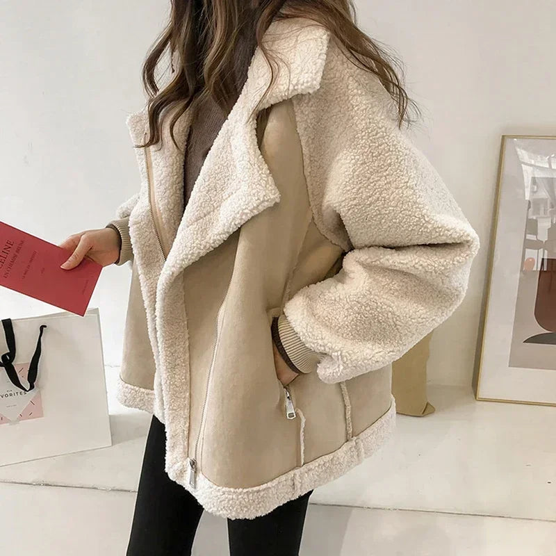 Autumn Winter Women's Coats 2023 New Casual Loose Patchwork Outerwear Korean Vintage Crop Pockets Lambhair Jacket Women