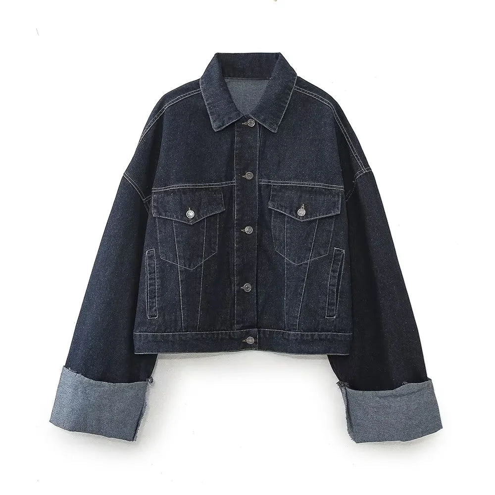 Autumn/Winter Women's New Fashion Casual Denim Jacket Coat Curled Hem Pants Set dark blue