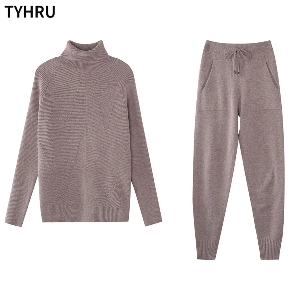 Autumn Winter Women's tracksuit Solid Color Striped Turtleneck Sweater and Elastic Trousers Suits Knitted Two Piece Set Coffee One Size