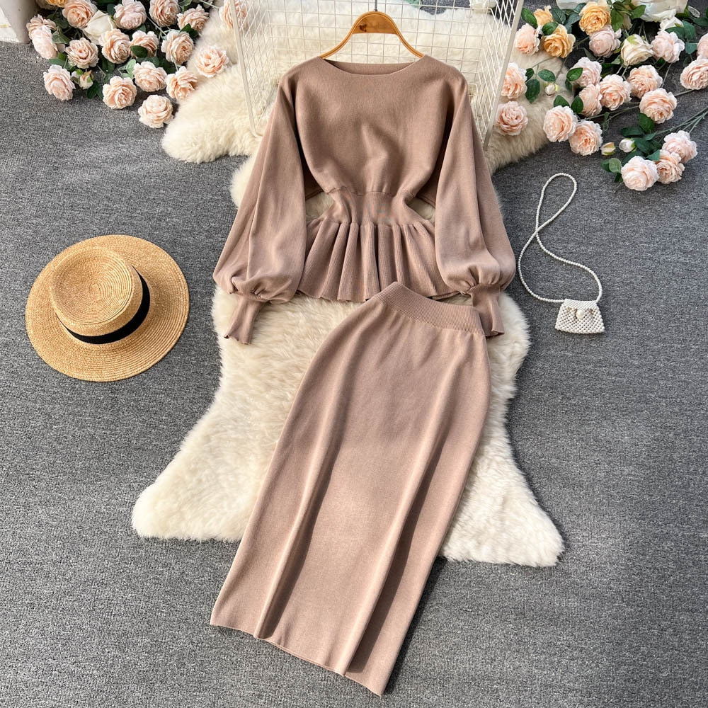 Autumn Women Set Knitting Costume Turtleneck Solid Color Pullover Sweater Slim Skirt Two Piece Suits Chic Casual Outfits Khaki One Size