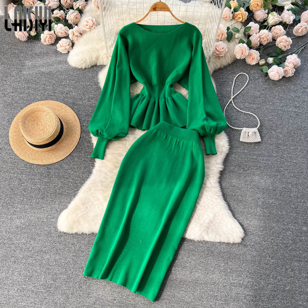 Autumn Women Set Knitting Costume Turtleneck Solid Color Pullover Sweater Slim Skirt Two Piece Suits Chic Casual Outfits