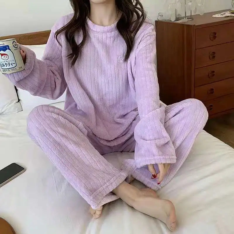 Autumn Women Solid Warm 2 Piece Sets Thicken Velvet Ribbed Fleece Set Pullover And Pants Women Casual Pajama Sets A-Purple