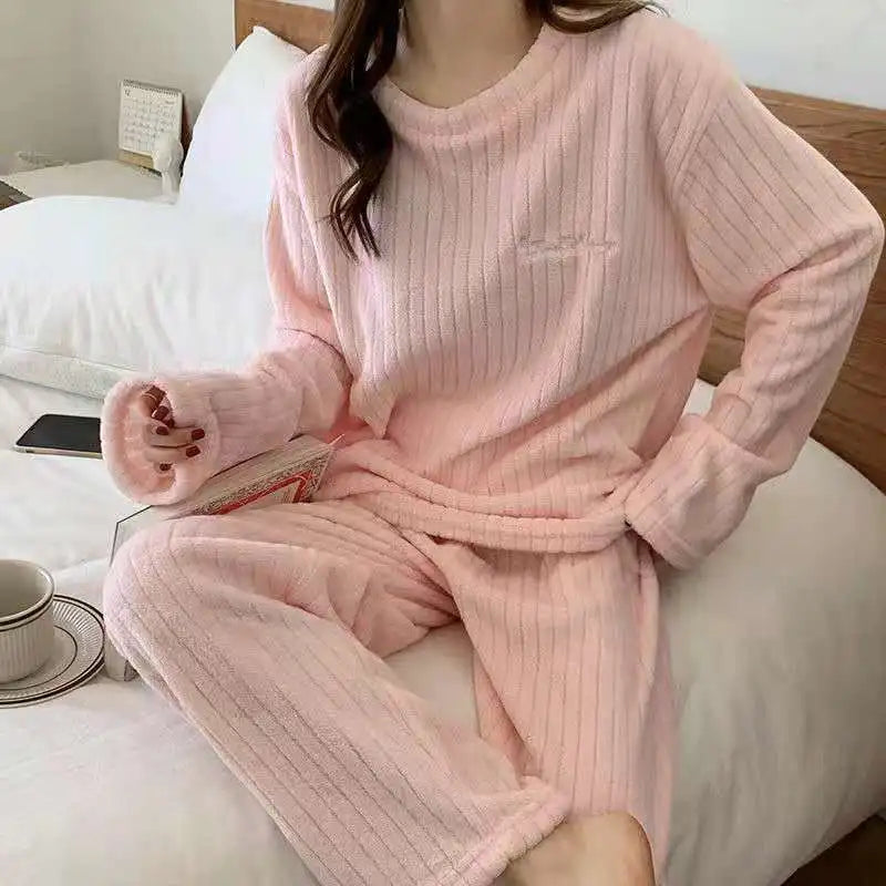 Autumn Women Solid Warm 2 Piece Sets Thicken Velvet Ribbed Fleece Set Pullover And Pants Women Casual Pajama Sets A-Pink