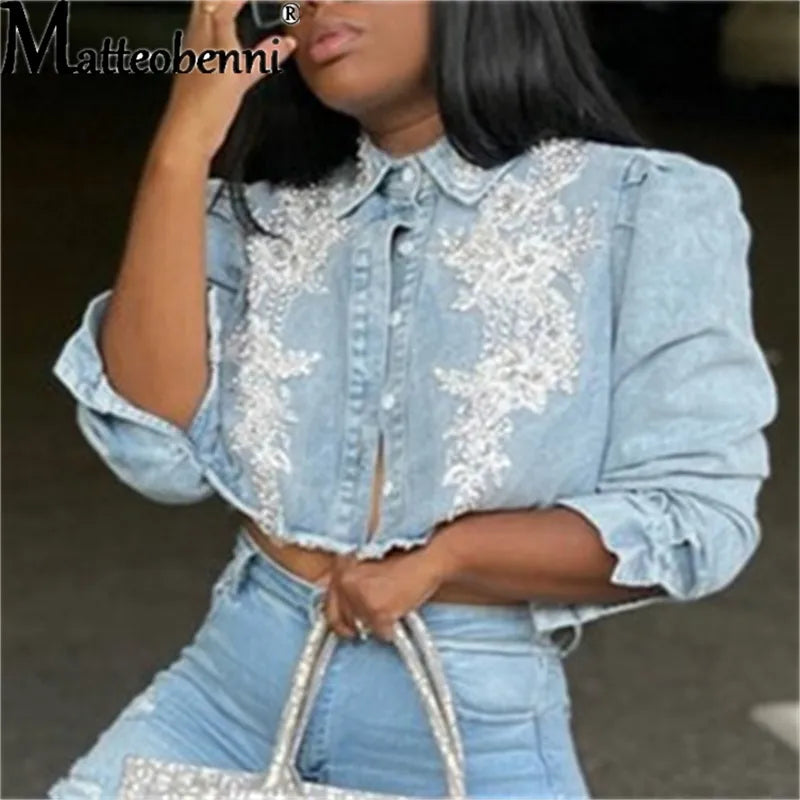 Autumn Women's Street Jean Jackets Embroidered Pearl Casual Short Denim Jacket Ladies Coat Long Sleeve Outerwear