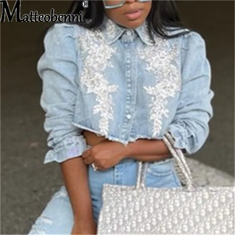 Autumn Women's Street Jean Jackets Embroidered Pearl Casual Short Denim Jacket Ladies Coat Long Sleeve Outerwear