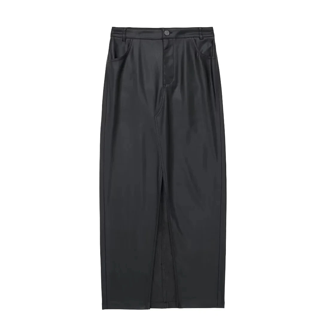 Autumn Women's Zipper Fly Lady Skirts Mujer Side Pockets Faux Leather Midi Skirt Clothing As picture