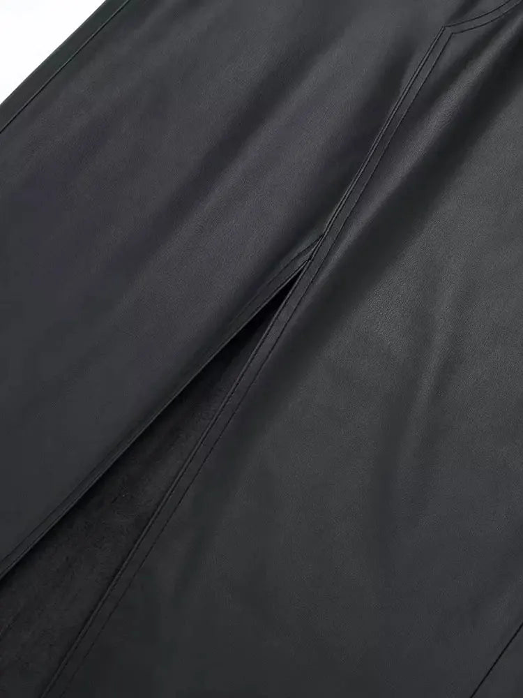 Autumn Women's Zipper Fly Lady Skirts Mujer Side Pockets Faux Leather Midi Skirt Clothing