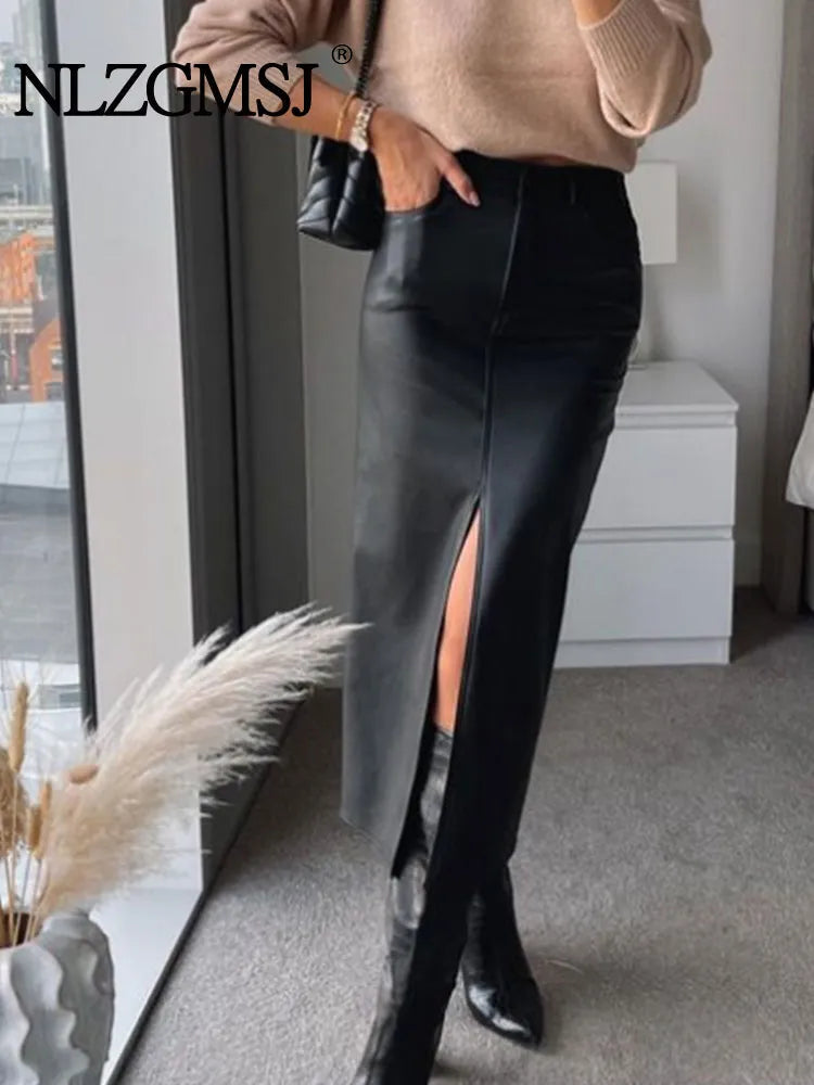 Autumn Women's Zipper Fly Lady Skirts Mujer Side Pockets Faux Leather Midi Skirt Clothing