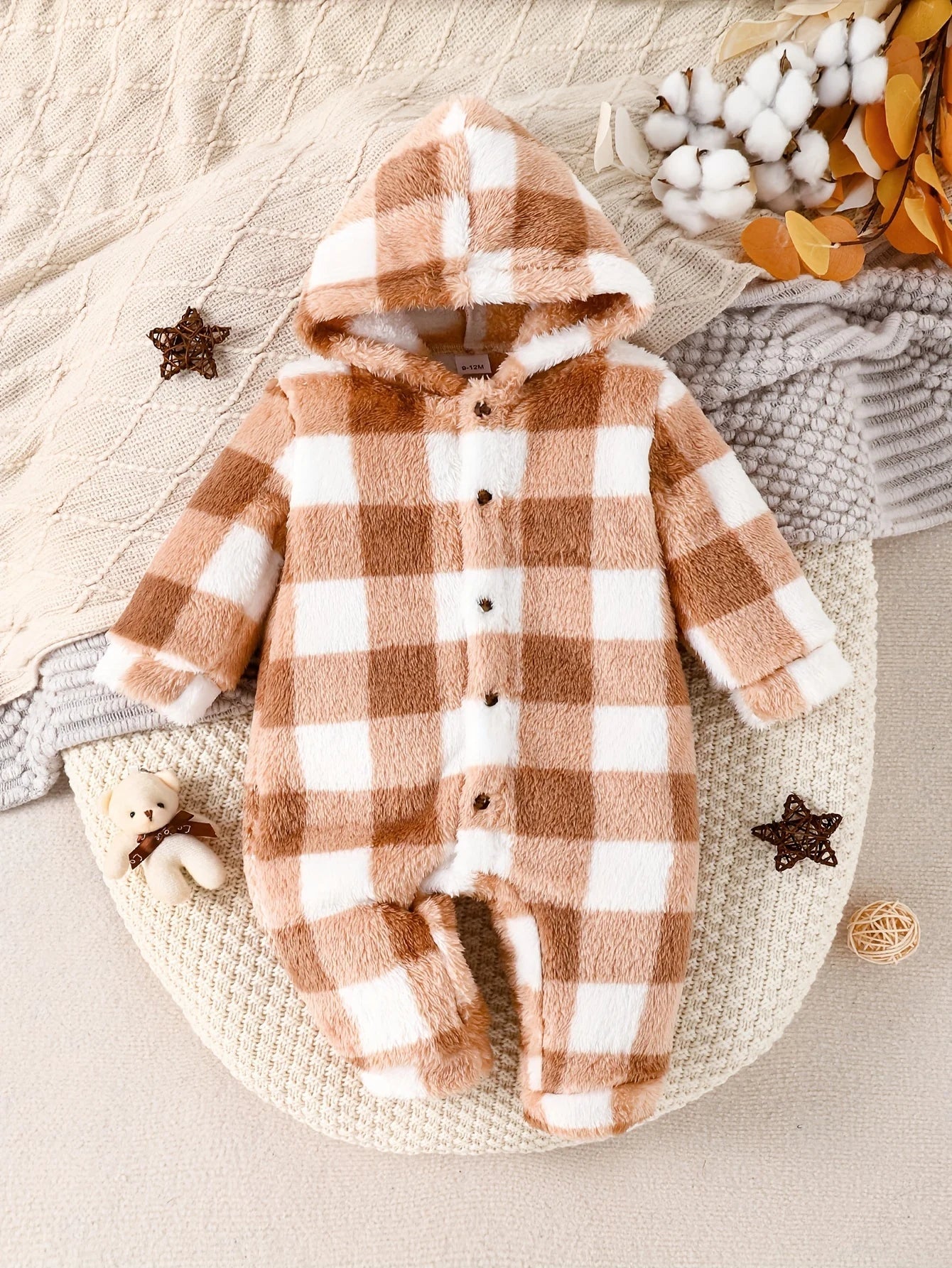 Autumn and Winter Baby Girls' Onesie Brown Plaid Soft Arctic Velvet Hooded and Feet Cute Newborn Warm Clothing Baby Romper Light brown