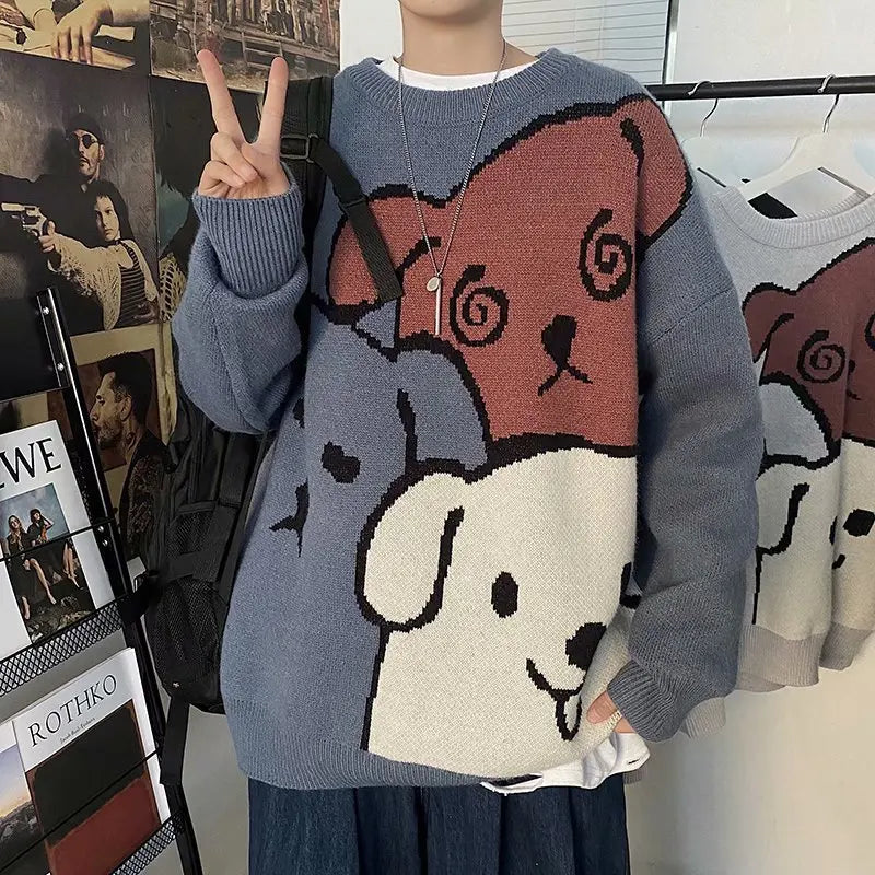 Autumn and Winter Cartoon Bear Sweater Men Clothing Fashion Long Sleeve Knitted Pullover Sweater Male Loose Casual Warm Clothes Blue