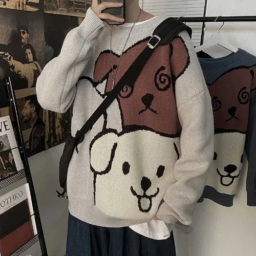 Autumn and Winter Cartoon Bear Sweater Men Clothing Fashion Long Sleeve Knitted Pullover Sweater Male Loose Casual Warm Clothes Gary