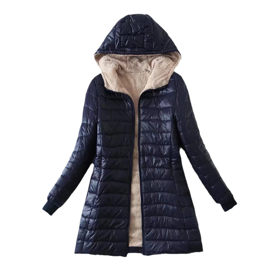 Autumn and Winter Korean Style Mid-length Hooded Cotton Coat for Women Lambswool Warm Cotton Coat and Velvet Jacket Top