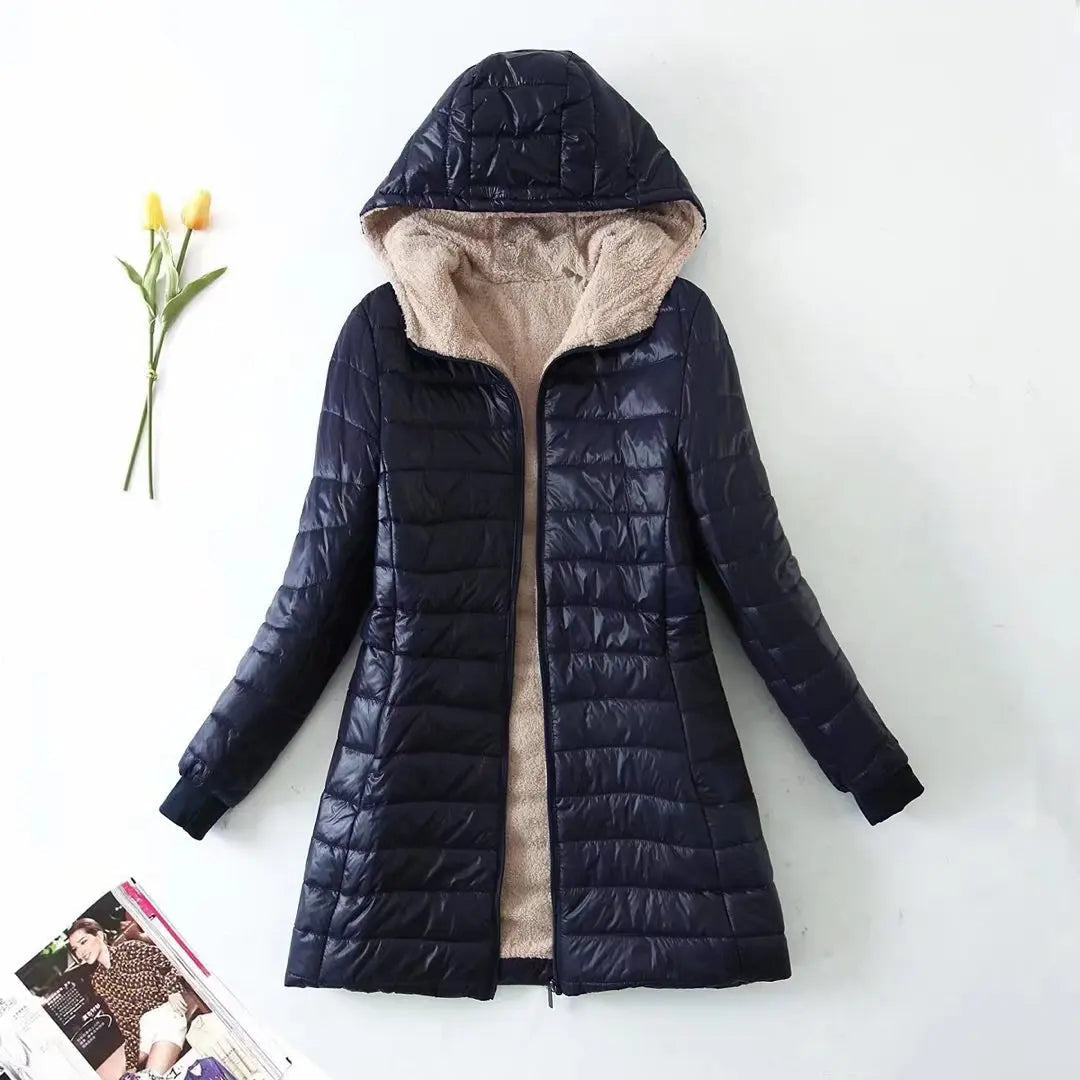 Autumn and Winter Korean Style Mid-length Hooded Cotton Coat for Women Lambswool Warm Cotton Coat and Velvet Jacket Top Navy blue