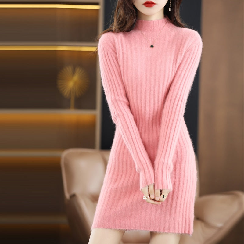 Autumn and Winter Long Women's Sweater 100% Mink Cashmere High Neck Knitted Pullover Korean Fashion Soft Women's Top
