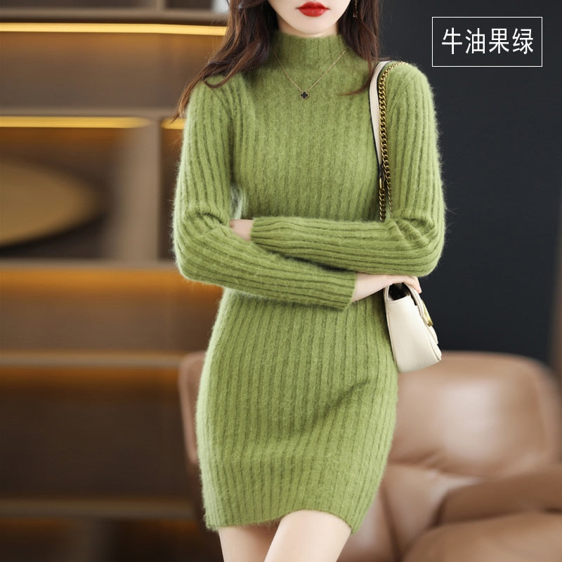 Autumn and Winter Long Women's Sweater 100% Mink Cashmere High Neck Knitted Pullover Korean Fashion Soft Women's Top Army Green