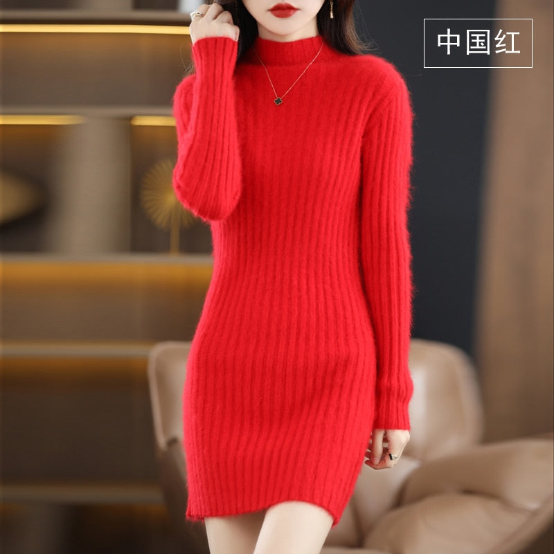 Autumn and Winter Long Women's Sweater 100% Mink Cashmere High Neck Knitted Pullover Korean Fashion Soft Women's Top Red