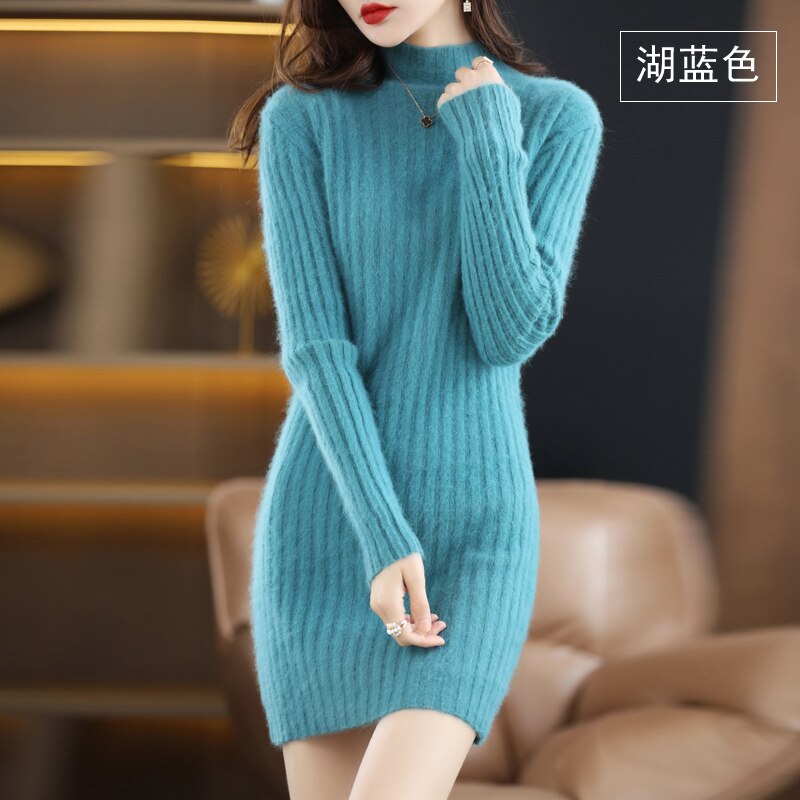 Autumn and Winter Long Women's Sweater 100% Mink Cashmere High Neck Knitted Pullover Korean Fashion Soft Women's Top Lake Blue
